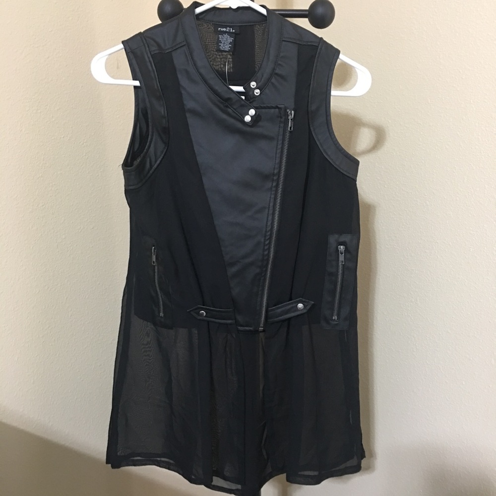 Rue21 Black Leather Chiffon Long Tunic Vest Top